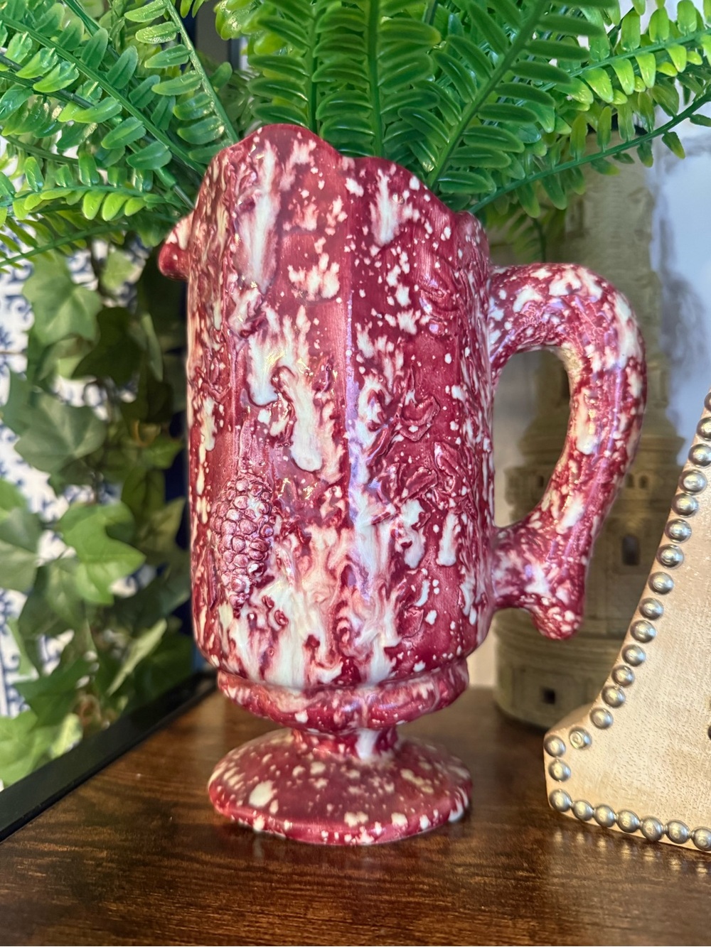 Vintage-Style Red and white Pedestal Ceramic Pitcher - Home Accents